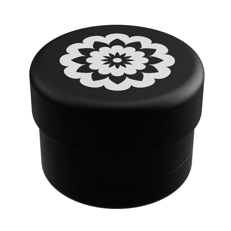 black flowermill mini herb grinder with white flowermill branding on white background