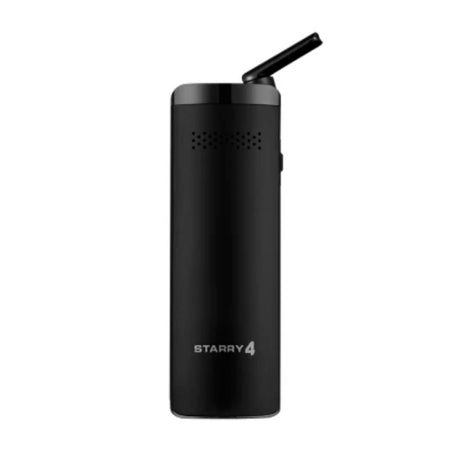 black xmax starry 4 vaporizer with starry 4 branding stood upright with mouthpiece open on white background