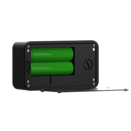 yllvape IH 2.0 induction heater in black, rear view of 18650 battery compartmentand set on white background