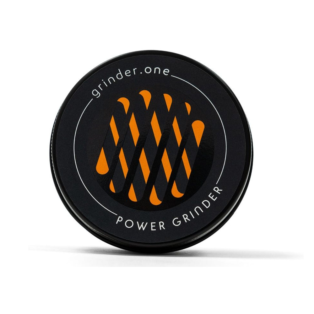 power grinder by grinder.one in black with yellow stood upright on white background