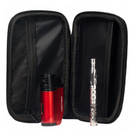 black large sized dynavap hempshield zipper case zipped open with dynavap M vaporizer and torch flame lighter visible and stood upright on white background