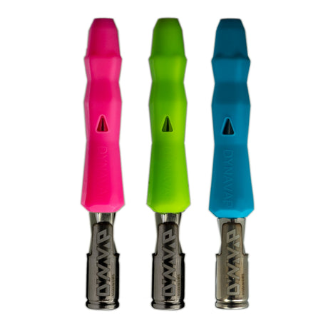 3 dynavap B neon series vaporizers in pink, green & blue stood upright set on white background