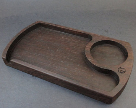 walnut futo rolling tray angled view on grey background