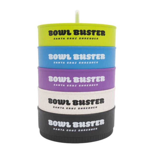 set of 5 different coloured santa cruz hemp made bowl-busters stacked vertical on white background