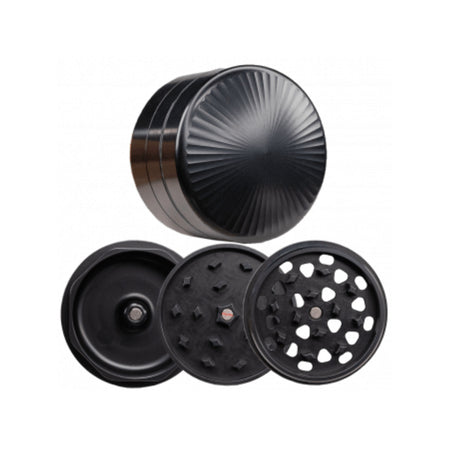 black 3 piece pucc herb grinder whole unit along with image of a unit in all 3 component parts set on white background