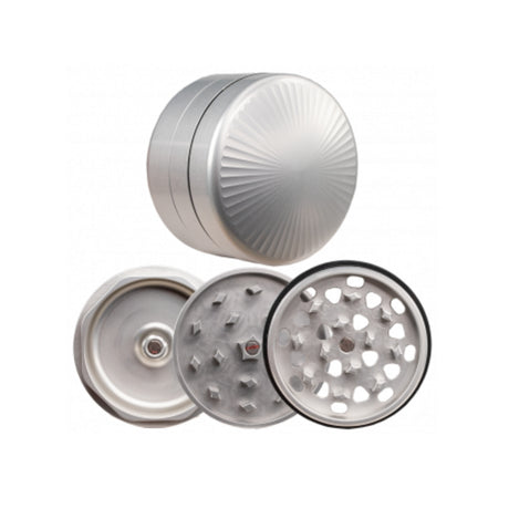 silver 3 piece pucc herb grinder whole unit along with image of a unit in all 3 component parts set on white background