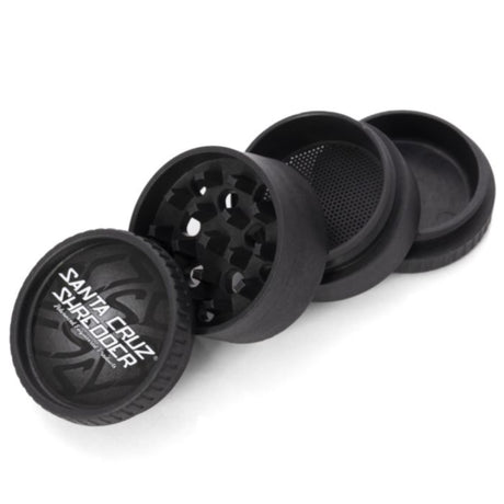 black santa cruz shredder hemp made 4 piece herb grinder in 4 sections set on white background