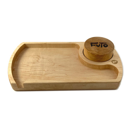 maple futo rolling tray & herb grinder straight view with futo branding on white background